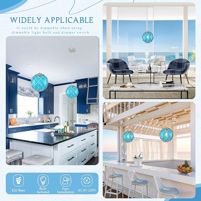 10" Blue Coastal Pendant Light Kitchen Island,Glass Globe Ocean Ceiling Light Fixture Beach House,Dimmable Hemp Rope Light Fixture Hanging For Bathroom Living Room Farmhouse Entry Bedroom(Bulb Incl.