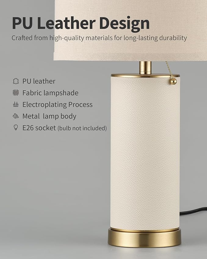 KDG 23.4" White PU Leather Table Lamps for Living Room Set of 2, E26 Socket LED Modern Home Decor Fabric Lampshade Desk Lamp Lighitng for Bedroom, Bedside, Farmhouse, Nightstand, Night Light
