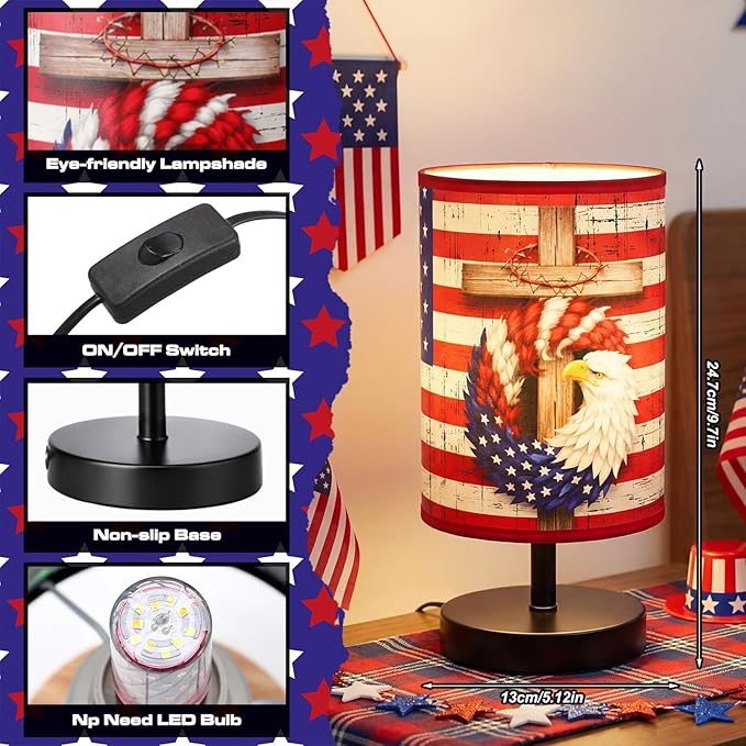 Glooglitter 4th of July Table Lamps 3 Colors Dimmable Lights 9.72 x 5.12 Inch Patriotic Bedroom Lamps Independence Day American Flag Bedside Night Light for Desk Memorial Day Birthday Gifts