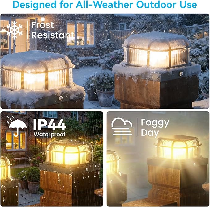 Solar Post Light 6 Packs with 4x4, 5x5 and 6x6 Inches Base for Vinyl/Wooden Posts, Bright 16 LEDs Solar Cap Lights with Two Light Modes for Decorating Deck, Patio, Porch, Fence (Black)