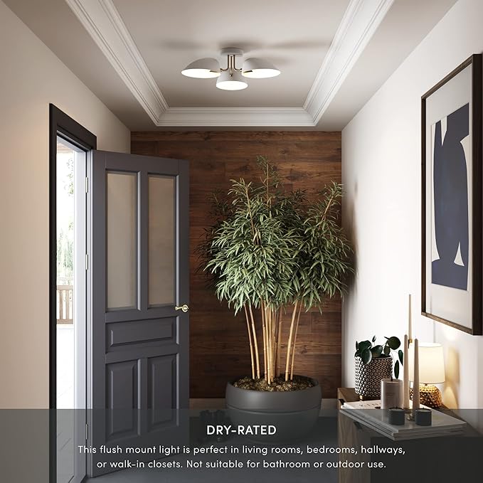 Nathan James Argo Semi Mount Flush Ceiling Light, 3-Lights Modern Retro Lighting with White Rounded Shades for Hallway, Dining Room and Bedroom, Vintaged Brass/White