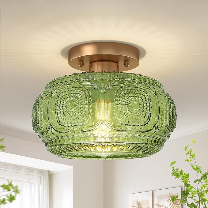 Semi Flush Mount Ceiling Light, Green Globe Glass Ceiling Light Fixture, Art Deco Kitchen Lighting fixtures Ceiling for Hallway Porch Corridor Bedroom, Bulb Not Included
