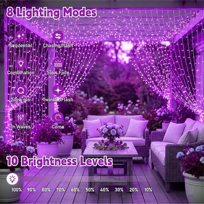 Curtain Light for Bedroom, 200LED 6.6x6.6ft Purple Window Wall Hanging Fairy Curtain String Light, 8 Modes Remote Fairy String Lights Indoor for Wedding Party Home Garden Decorations