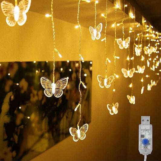 Butterfly Curtain Lights, 4.9ft 48 LED USB Window Fairy Lights 10 Butterflies 8 Modes Firefly Twinkle String Lights for Room Bedroom Wall Ceiling Party Wedding Christmas (Warm White)