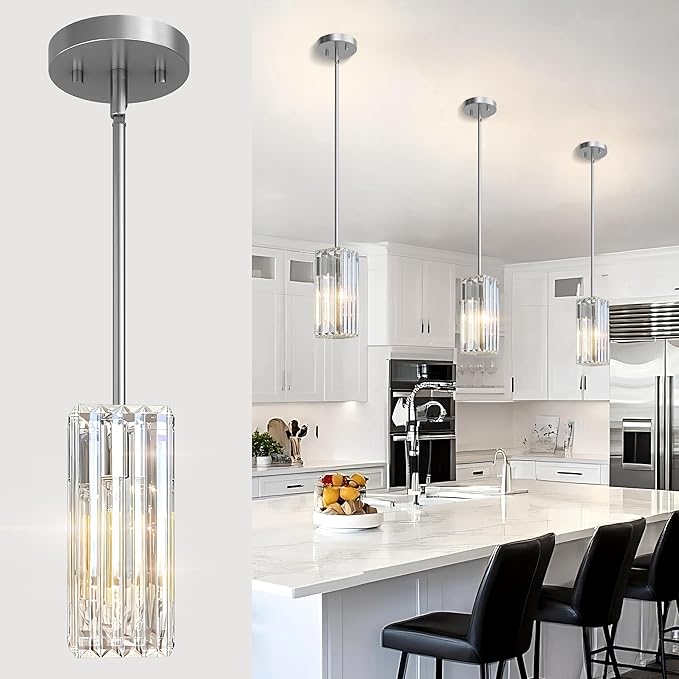 Crystal Pendant Lights for Kitchen Island - 10" Nickle Sand Adjustable Chandelier, Dimmable E26 Hanging Fixture, Modern Lighting for Dining 1pcs