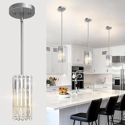 Crystal Pendant Lights for Kitchen Island - 10" Nickle Sand Adjustable Chandelier, Dimmable E26 Hanging Fixture, Modern Lighting for Dining 1pcs
