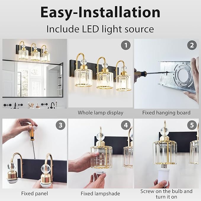 DIAMONDFORGE Bathroom Vanity Light Fixtures Over Mirror, Makeup Lighting for Modern Wall, Bath, Desk, Farmhouse, Hallway, 3 Crystal Lights, Black Gold