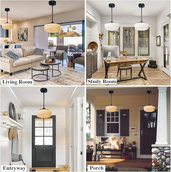 Vintage Glass Pendant Light, Mid-Century Modern Creamy Hanging Light Fixture with 14" Glass Shade, Adjustable Stem Industrial Ceiling Lamp for Kitchen Island, Dining Room, Entryway