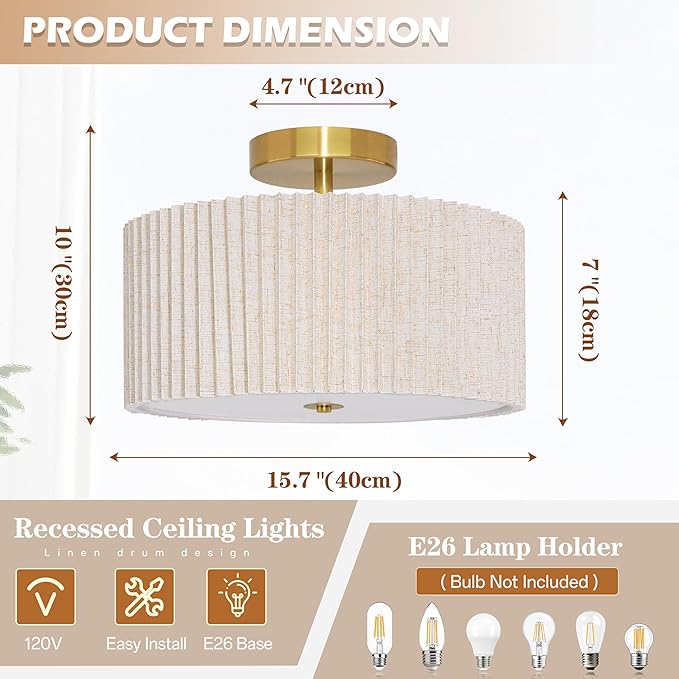 Bagood 3-Light Semi Flush Mount Lights Fixture Drum Ceiling Light with Pleated Fabric Shade Gold Semi Flush Mount Ceiling Lights 16 Inch Close to Light Fixtures for Living Room Hallway