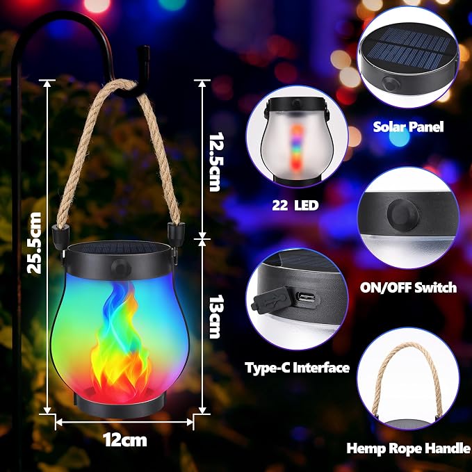 iBaycon 2 Pack Solar Lantern Lights USB Christmas Flame Lamp, Multicolor | Solar Garden Lights with Dual Charging USB & Solar, 2 Modes Outdoor Waterproof Hanging Lantern for Patio Home Xmas Decor