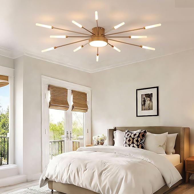Modern Ceiling Light LED Flush Mount Ceiling Light for Living Room,Kitchen,Bedroom Fireworks Design Dimmable with Remote Control & Memory Function Lighting Fixture (Gold,12 Light)