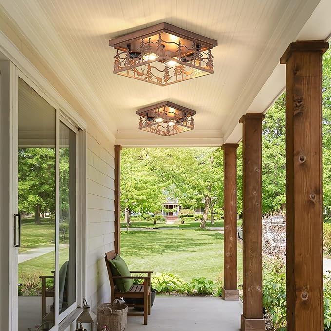 2 Pack 11" Rustic Farmhouse Flush Mount Ceiling Light, 2-Light Metal Fixture with Deer & Bear Design, Square Vintage Industrial Metal Cage Light Perfect for Kitchen, Foyer, Bedroom