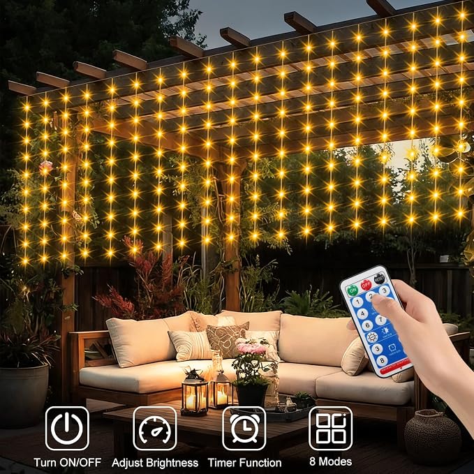 DBFAIRY Solar Curtain Lights 300 LED Outdoor Curtain Lights Waterproof | 19.6ft x 3.9ft Solar Twinkle Curtain Lights Remote Timer Dimmable for Garden Party Wedding Decór, Warm White