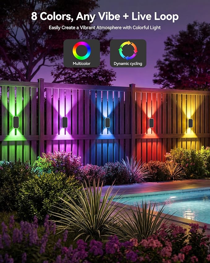 TECKNET Solar Fence Lights Outdoor, 6 Pack Solar Powered Wall Lights, Bi-Directional Up and Down Lighting, IP67 Waterproof RGBW with 8 Colors & Dynamic Cycling for Patio, Porch, Pool Cage