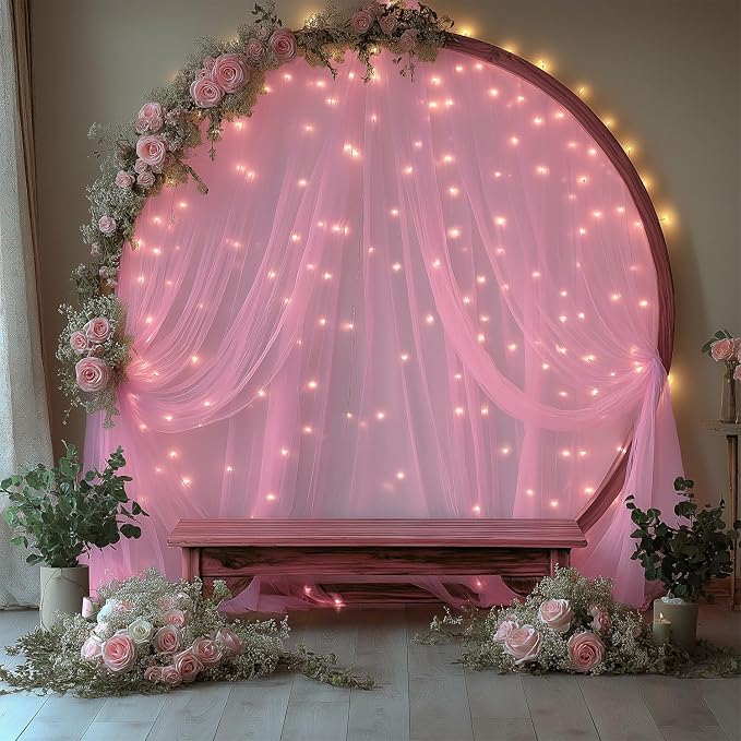 10x10ft Pink Tulle Backdrop Curtain with Lights String Sheer Drapes for Baby Shower for Girls, Bridal Shower, Birthday, Photo Booth, Party, Home Decor (2 Panels, Pink)