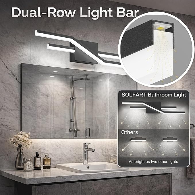 SOLFART Bathroom Light Fixtures Matte Black Dimmable LED Bathroom Vanity Lights Over Mirror 24 Inch Modern Wall Lights