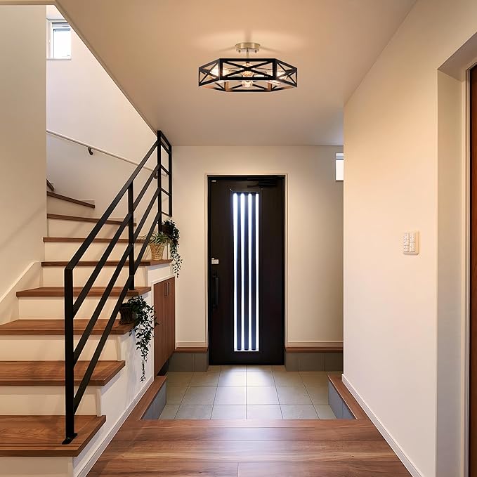 19.6" Rustic Foyer Lighting Fixtures, Black Farmhouse Kitchen Light Fixtures with Metal Cage Modern Black and Gold Hallway Light Fixture Black Ceiling Light for Bedroom Bathroom Foyer