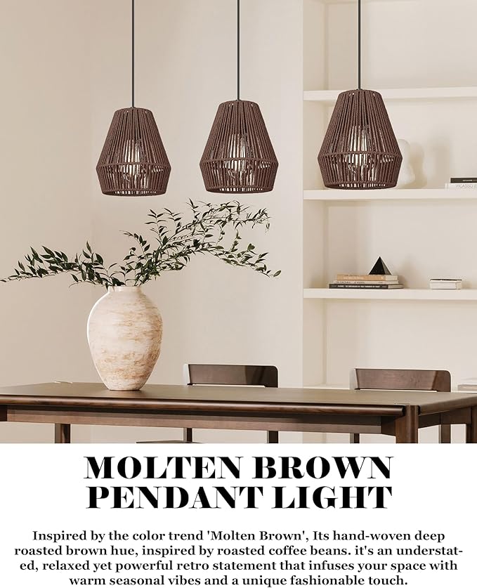 ELYONA Woven Pendant Lights 7” Rustic Rattan Hanging Lamp Adjustable Handwoven Basket Shade Boho Pendant Light Fixtures for Kitchen Island Dining Room Bedroom Farmhouse Bar Foyer Hallway Dark Brown