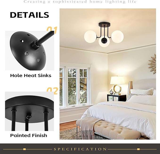 KoKo&Yukina 3-Light Semi Flush Mount Ceiling Light Globe Lights Mid Century Ceiling Light with Opal Milk Glass Globe & Matte Black for Bedroom Hallway Entryway Kitchen Living Room (Bulb Incl.)