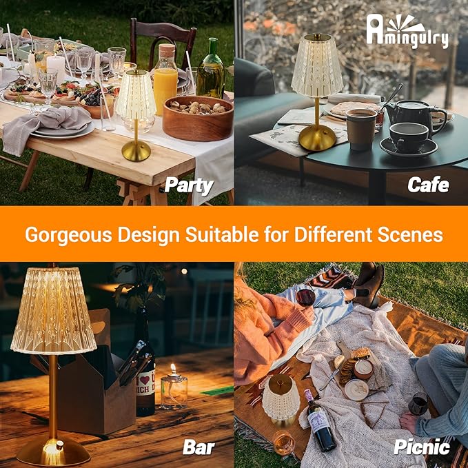 Cordless Table Lamp, Rechargeable Battery Operated Lamp, 3 Color Modes & Stepless Dimmable LED Touch Lamp, Portable Crystal Gold Metal Beside Lamps for Bedroom Living Room Restaurant Outdoor