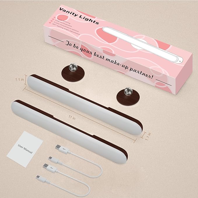 Benreom 2 Pack Vanity Lights for Mirror with 4000mAh Rechargeable Battery, Touch Control Dimmable Makeup Light with 3 Color Modes, Magnetic 360° Adjustable LED Bathroom Mirror Light, Dark Wood