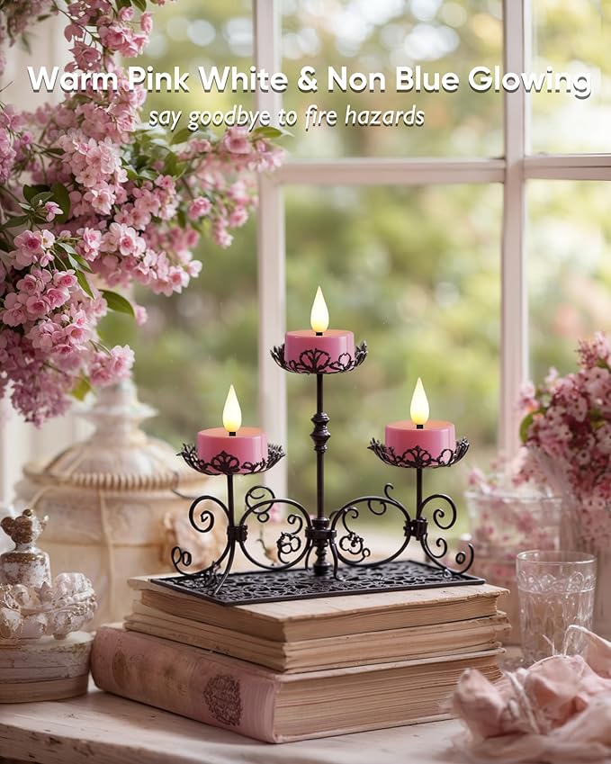 Amagic Flameless Pink Timer Remote Tealights Candles, 3D Black Wick Flickering Tea Light, 300+Hour Colored Votive Candles Battery Operated, Set of 24 for Romantic Wedding Decor, Baby Showers, Proposal