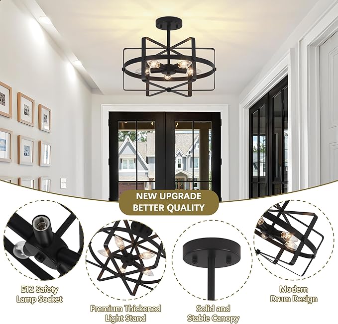 5-Light Modern Semi Flush Mount Ceiling Light, 12.6'' Black Farmhouse Flush Mount Ceiling Light Industrial Ceiling Light Fixture for Entryway Hallway Foyer Dining Room Kitchen Bedroom