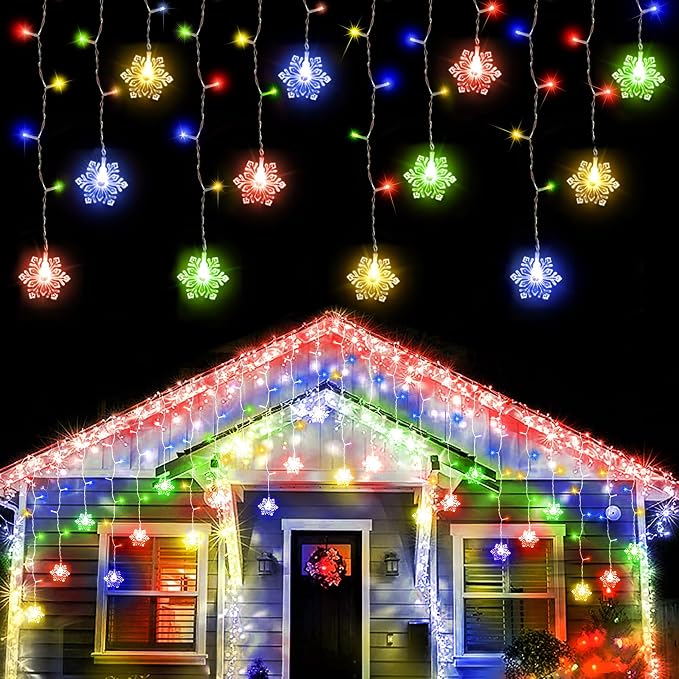 weillsnow 360 LED Icicle Christmas Lights with Snowflake, 29.5ft 72 Drops Connectable 8 Modes Waterproof Icicle Light Outdoor for Curtain, Eaves, Window, Christmas Decorations (Multi-Colored)