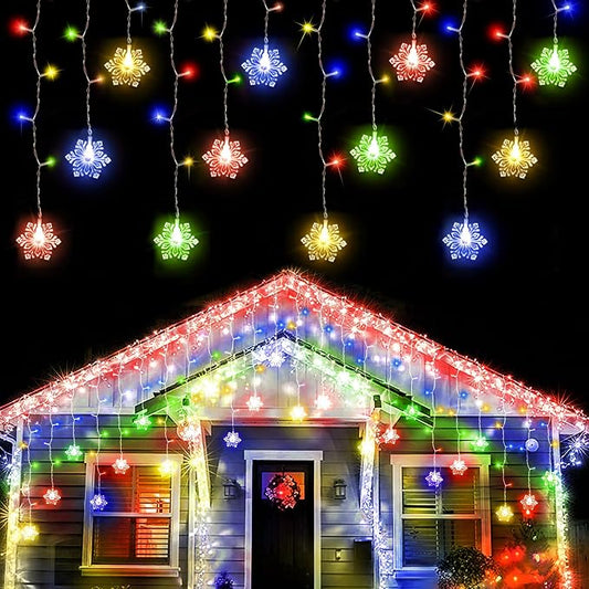 weillsnow 360 LED Icicle Christmas Lights with Snowflake, 29.5ft 72 Drops Connectable 8 Modes Waterproof Icicle Light Outdoor for Curtain, Eaves, Window, Christmas Decorations (Multi-Colored)