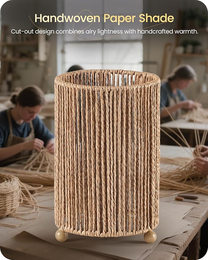 Small Rattan Table Lamps Set of 2, Boho Bedside Lamps Set of 2, Handwoven Paper Lampshade, 4W 2400K LED Bulb Included, Boho Desk Lamp, Nightstand Lamp for Bedroom, Living Room, S11TLP205
