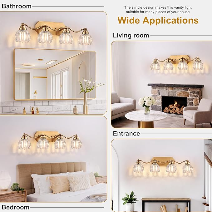VbiTmn Gold Bathroom Light Fixtures, 4 Light Vintage Vanity Lights, Antique Brass Brushed Gold Finish, Crystal Transparent Glass Shade, Mid Century Wall Sconces for Bedroom, Living Room, Hallway
