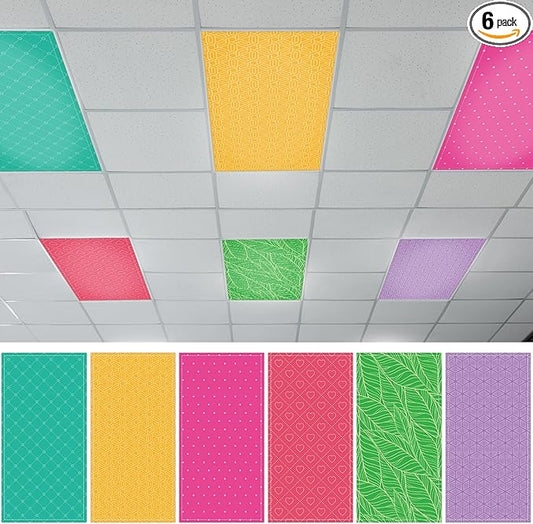QOUBAI 6 Pcs Fluorescent Light Covers, 4x2 Feet Magnetic Light Cover Fluorescent Lights Shade Panel Positive Inspirational Ceiling Lights Filters for Office Classroom Home Drop Ceiling Plaid