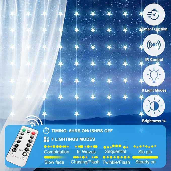 Star Curtain Lights Hanging Star Lights for Window 70 Stars String Light for Wall Décor USB Plug in 8 Modes Twinkle Fairy Lights for Christmas, Bedroom, Indoor, Outdoor, Weddings, Party (Cold White)