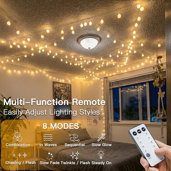 suddus String Lights for Bedroom, 66ft 200 Led Connectable Globe String Lights Indoor, Hanging Fairy Lights Plug in with Remote for Kids Room Dorm Classroom Outdoor Christmas Tree Decor, Warm White