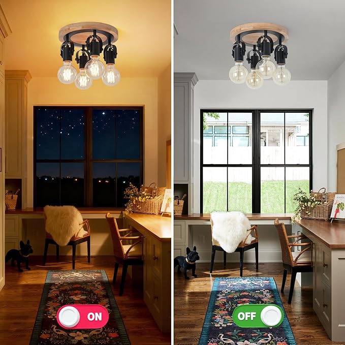 SEEBLEN 4-Light Round Flush Mount Ceiling Light，Adjustable Farmhouse Kitchen Track Light with Wood Base, Multi-Directional Dining Room Light for Island Hallway Entryway Bedroom.