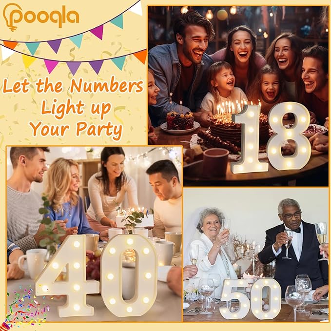 Pooqla Decorative LED Light Up Number Letters, White Plastic Marquee Number Lights Sign for 45th Birthday Party Wedding Decor, Battery Operated (45)