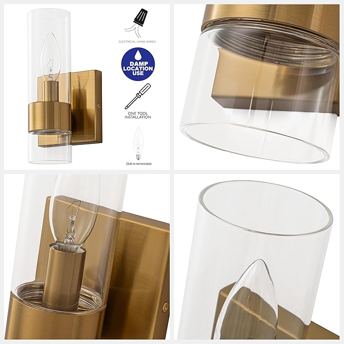 Brass Indoor Wall Sconces Set of Two, Bathroom Vanity Light Fixtures Over Mirror, Glass Wall Lamps for Bedroom Side Vanity Lights for Bathroom Sink Hallway, E12 Base
