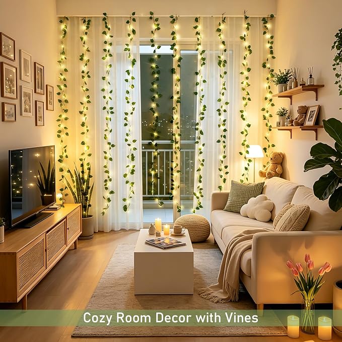 JMEXSUSS Vines Lights for Bedroom, 200 LED Vines Fairy Lights, Artificial Pothos Leaf Light for Wall Curtain Wedding Party Christmas Indoor Decor, 6.5ft x 6.5ft with Remote