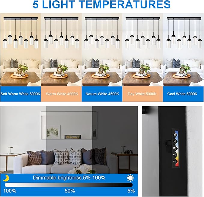 MELUCEE 7-Light Linear Kitchen Island Lighting Fixture, Dimmable Mordern LED Pendant Light with 5 Color Temperature, 30in Black Led Chandelier for Dining Room Kitchen Island, 3000K-6000K, 35W