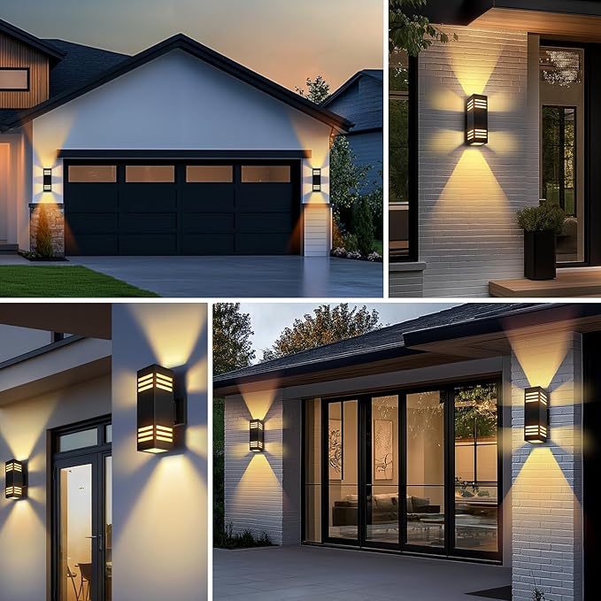 2-Pack Modern Outdoor Wall Lights, IP65 Waterproof Up & Down Porch Light Fixtures with E26 Bulbs, Aluminum Wall Sconces for Garage, Patio, Entryway, 2700K Warm Light