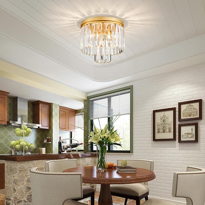 Crystal Ceiling Light, 3-Light Modern Flush Mount Ceiling Light Fixture for Living Room, Dinning Room, Hallway, D12 x H13inch, Brass Finish Frame & K9 Crystal