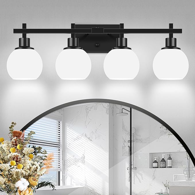Dpyrrhic 4-Light Modern Vanity Lighting Fixtures, Bathroom Wall Mounted Vanity Light,Black Bathroom Lighting Fixtures Over Mirror with Milky White Glass Lampshade for Bedroom, Living Room