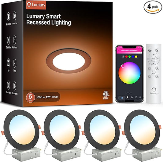 Lumary Smart Recessed Lighting 6 Inch, Color Changing LED Recessed Lights with J-Box 13W 1000LM, Dimmable Canless Wafer Downlight, Work with Alexa/Google Assistant, ETL Listed, 6Inch 4 Pack, Black