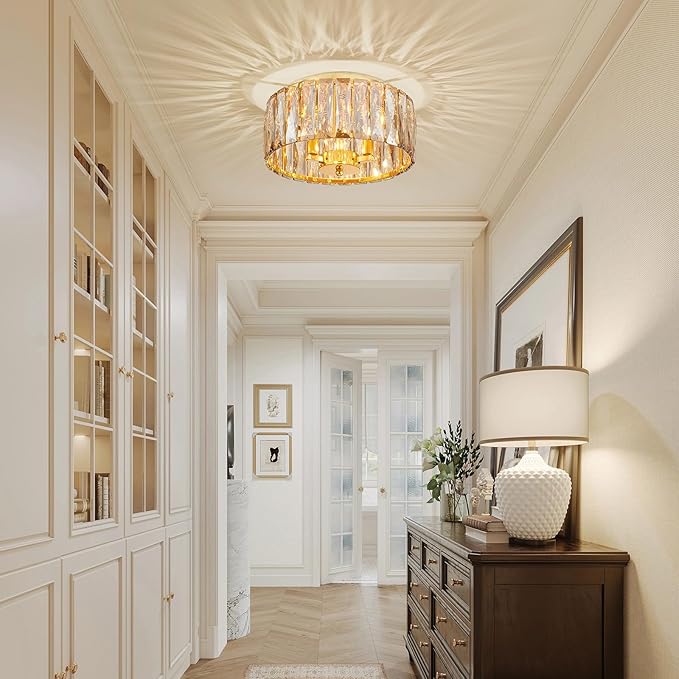 Crystal Ceiling Light, 3-Light Modern Flushmount Ceiling Light for Living Room, Dinning Room Hallway, D12xH9inch, Gold Finish Frame & Champagne K9 Crystal