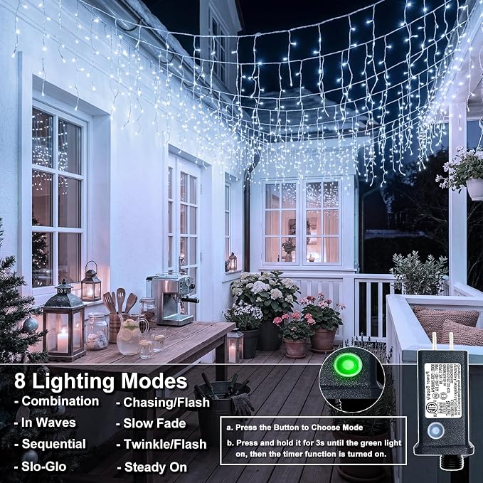 Icicle Christmas Lights Outdoor - 16.5FT 200 LED Icicle Lights for Outside Waterproof with 8 Modes, Connectable Curtain String Light for Bedroom House Party Wedding Holiday Decorations, Cool White
