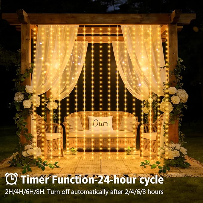 echosari Curtain Lights Battery Operated, 300 LED Fairy Lights 9.8 x 9.8Ft with Timer for Bedroom Wedding Backdrop Indoor Decor (Warm White)