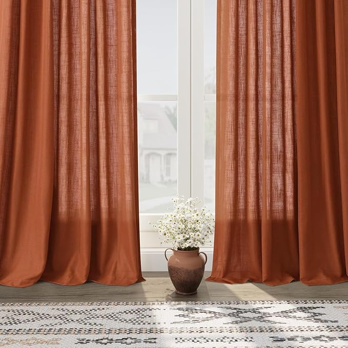 Nanspring Rustic Farmhouse Linen Curtains 96 Inches Long 2 Panel Set Back Tab Terracotta Boho Curtain for Living Room Semi Sheer Light Filtering Luxury Home Decor for Bedroom Dining Room 60x96