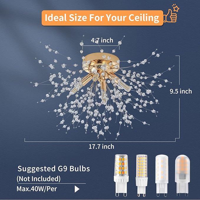 Modern Small Crystal Ceiling Light Fixture, 4-Light Gold Crystal Sputnik Firework Chandelier, Semi Flush Mount Ceiling Light Fixtures for Bedroom Kitchen Hallway Entryway Bathroom(H9.5'' x W17.7'')