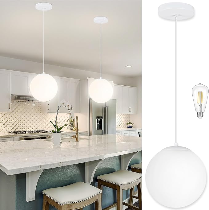 KoKo&Yukina 10 Inch Pendant Light White Globe Pendant Lights Kitchen Island Mid Century Light Fixture Adjustable Globe Pendants Lights with Milky White Glass Shade for Dining Room Living Room