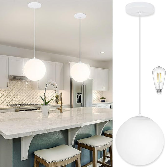 KoKo&Yukina 10 Inch Pendant Light White Globe Pendant Lights Kitchen Island Mid Century Light Fixture Adjustable Globe Pendants Lights with Milky White Glass Shade for Dining Room Living Room